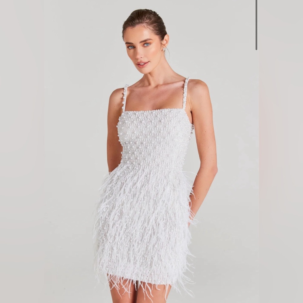 Nadine Merabi Carrie White Feathered Dress